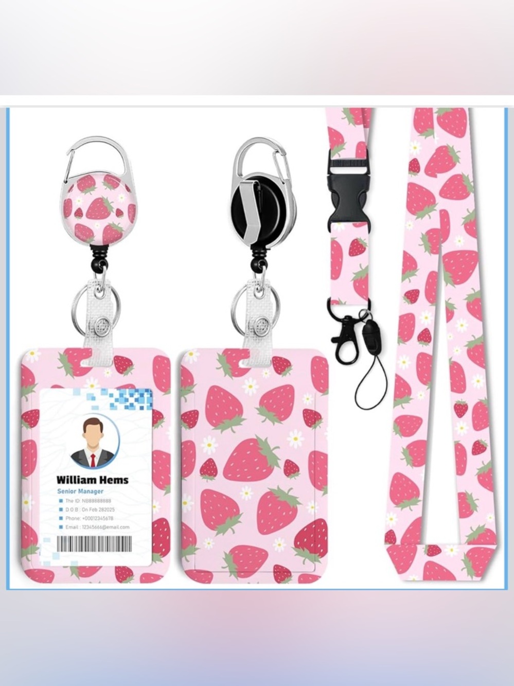 Strawberry Badge Holder w/Breakaway Lanyard & Retractable Rotating Keychain-NEW